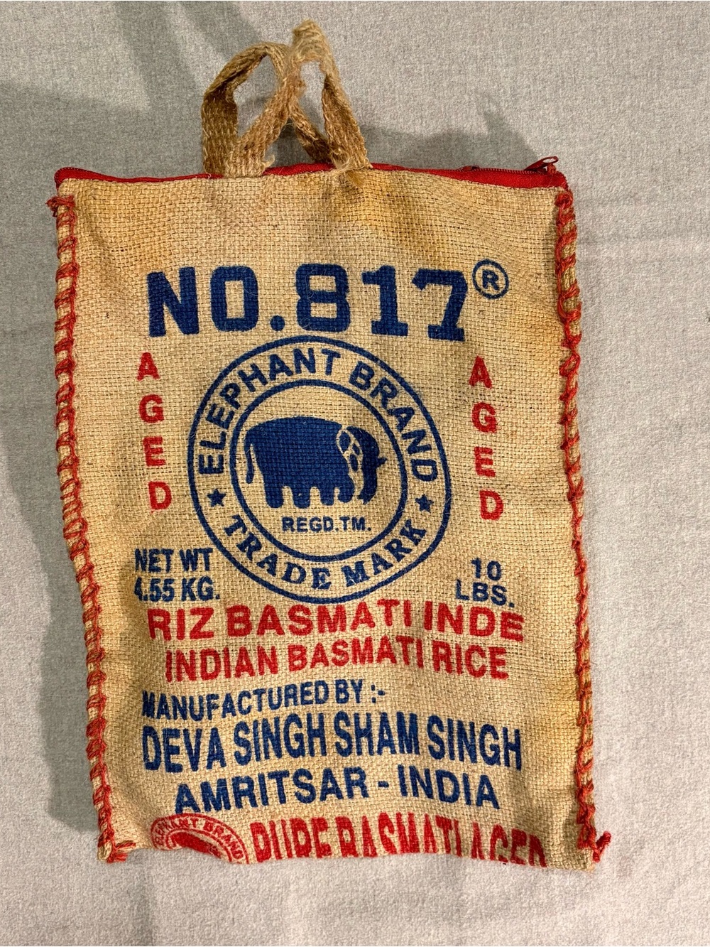 Elephant Brand No.817 Tan and Red Jute Tote Hobo Zipper